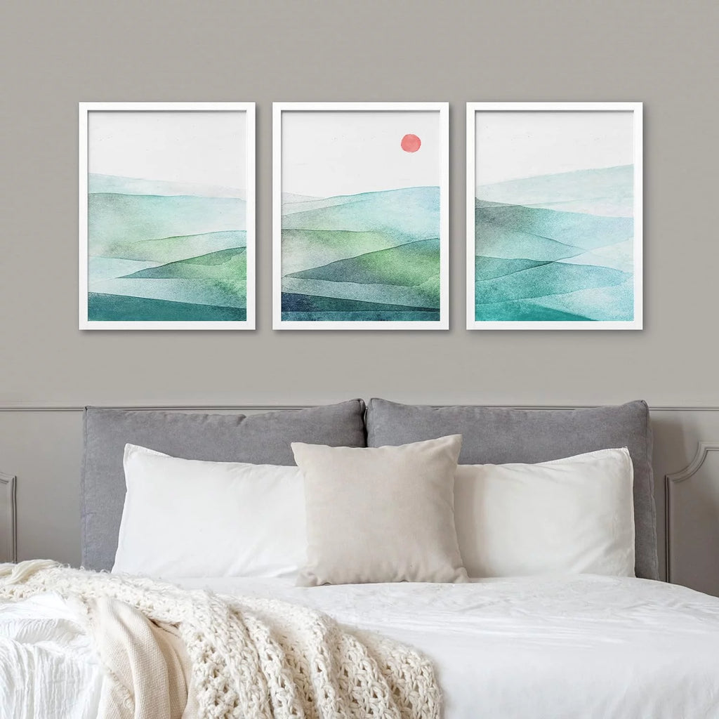 Framed Canvas Print Wall Art Set of 3 Green Blue Mountains S80184