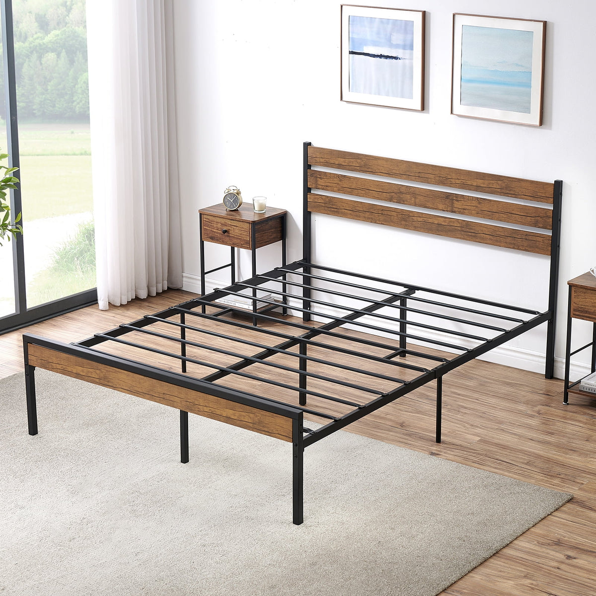 Full Bed Frame with Wood Headboard and Storage M1793