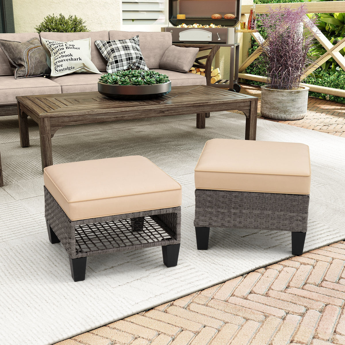 Square Rattan Storage Ottomans Set of 2 with Cushion T284280