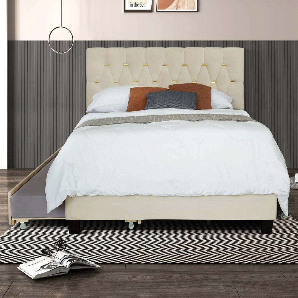 Queen Upholstered Platform Bed Frame with Trundle and 2 Storage Drawers D656356