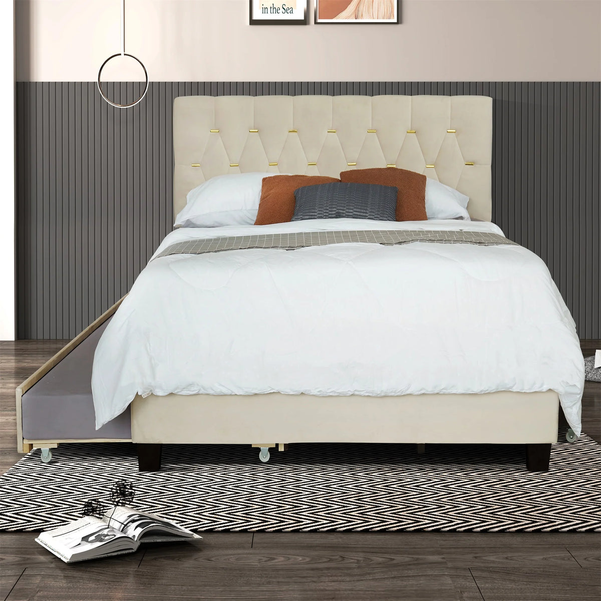 Queen Upholstered Platform Bed Frame with Trundle and 2 Storage Drawers D656356