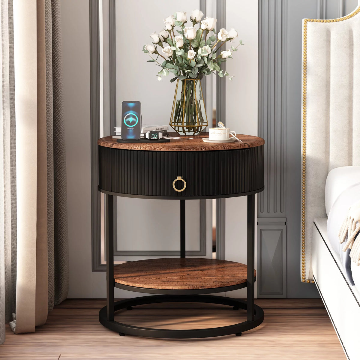 Black Metal 2-Tier Round End Table with Drawer B53579