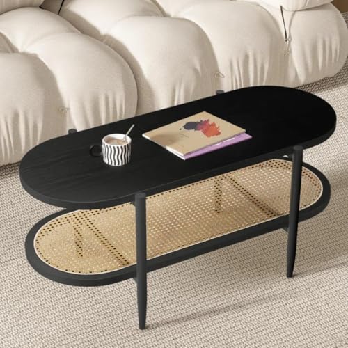 Black Set of 2 Round 2-Tier Side Table with Rattan Storage Y3850