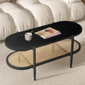 Black Set of 2 Round 2-Tier Side Table with Rattan Storage Y3850