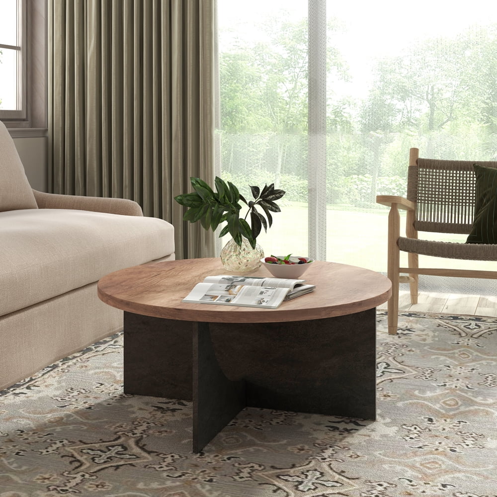 Modern Retro Round Coffee Table 35 Inches Rustic Brown N231025