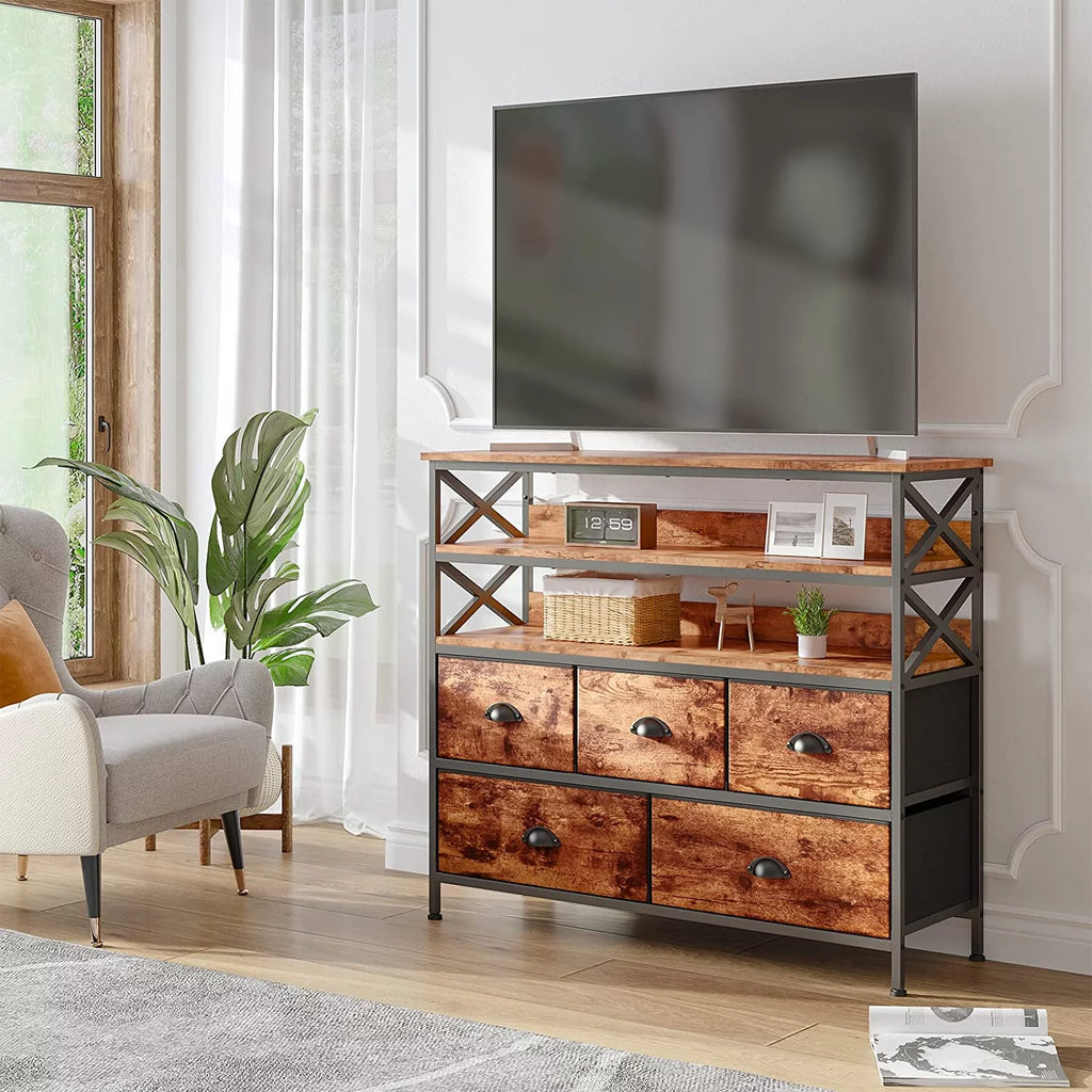 Rustic Brown Dresser TV Stand with Fabric Drawers J263