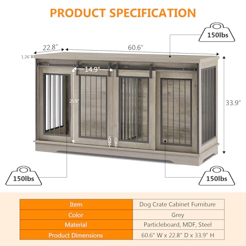 Grey 60.6 Inch Double Dog Crate Furniture with Divider R11027