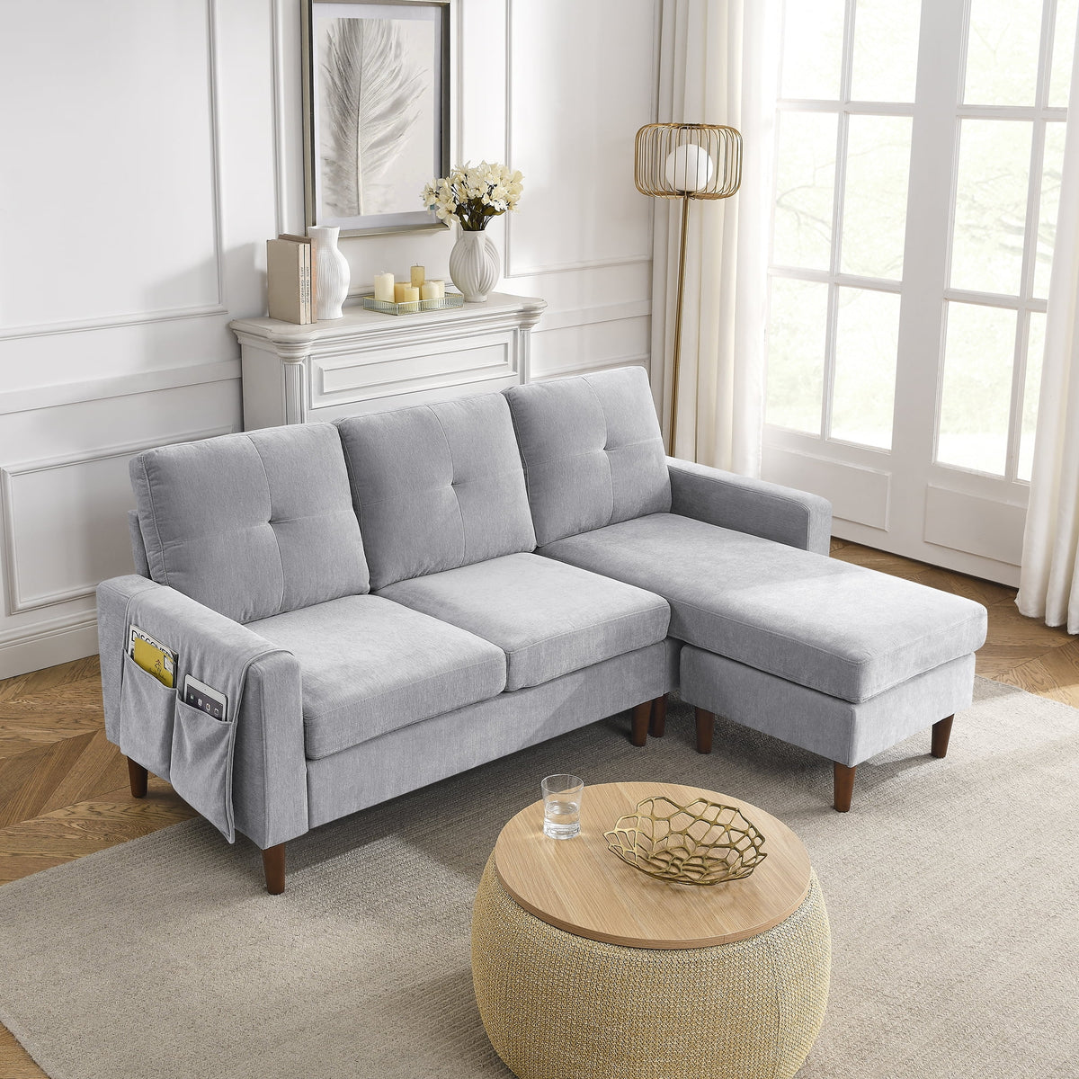 Light Grey Chenille Convertible Sectional Sofa N766601