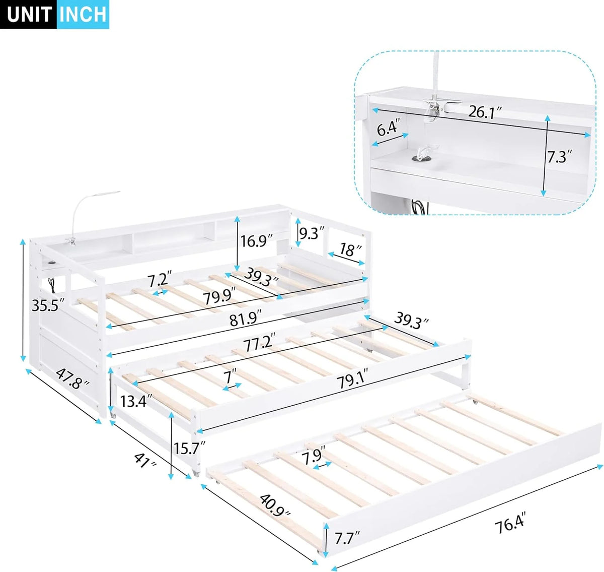 White XL Daybed with 2 Trundles, 3 Storage Cubbies, USB Charging Port, Solid Wood Sofa Bed Frame R1710