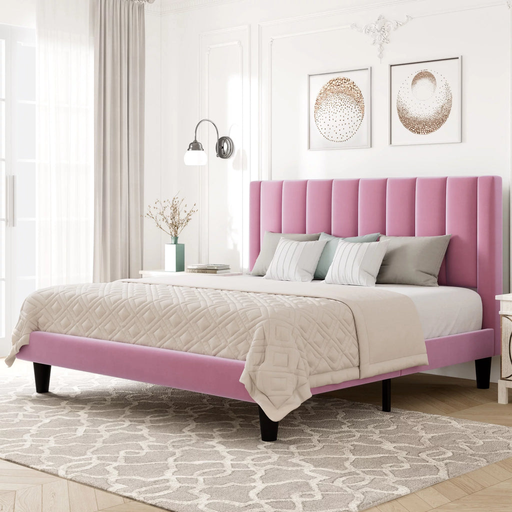Queen Light Pink Velvet Upholstered Bed Frame Y739781