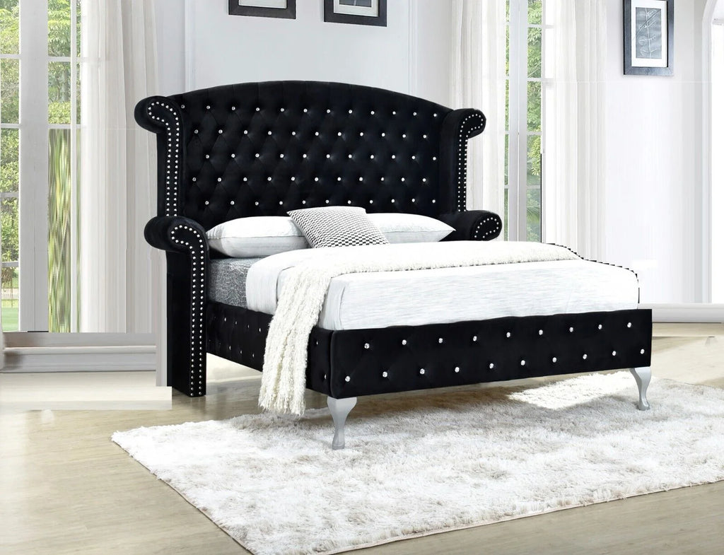 Black Velvet 5Pc King Size Bed Dresser Mirror Nightstand Set Y16288