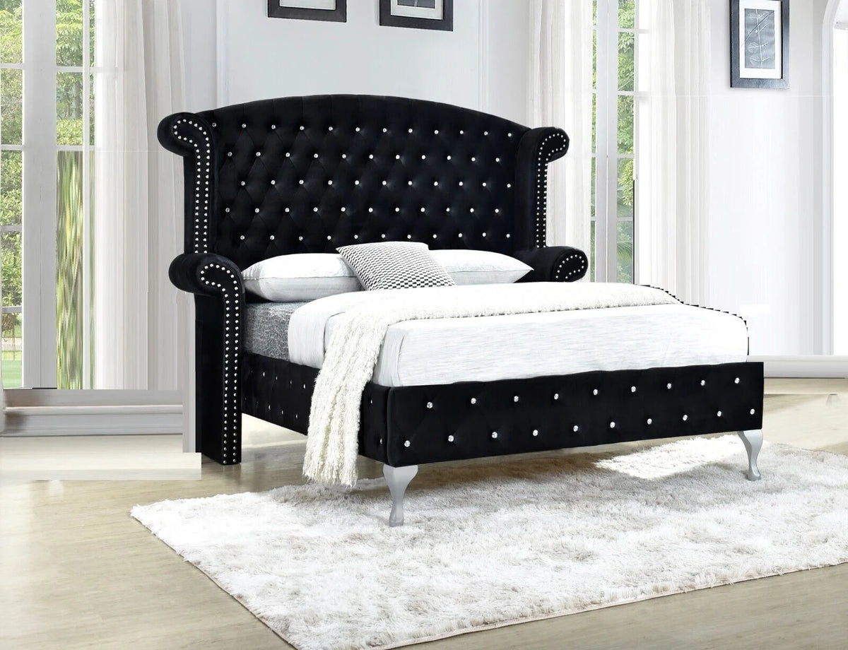 Black Velvet 5Pc King Size Bed Dresser Mirror Nightstand Set Y16288