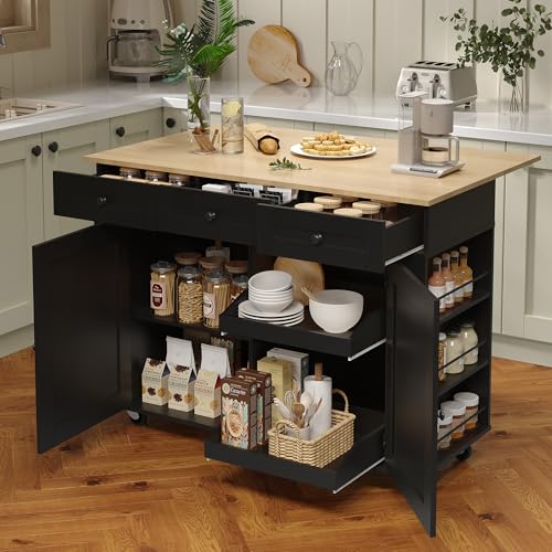 Rolling Kitchen Island Cart with Power Outlet & Drop Leaf, 3 Drawers, Black O521