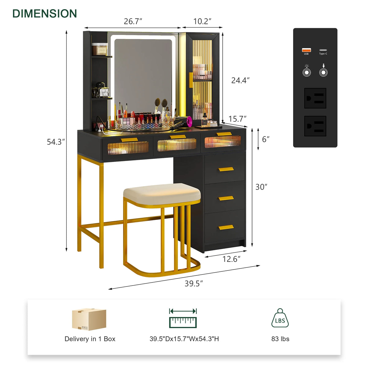 Makeup Vanity Table Set with LED Mirror and 6 Drawers F478