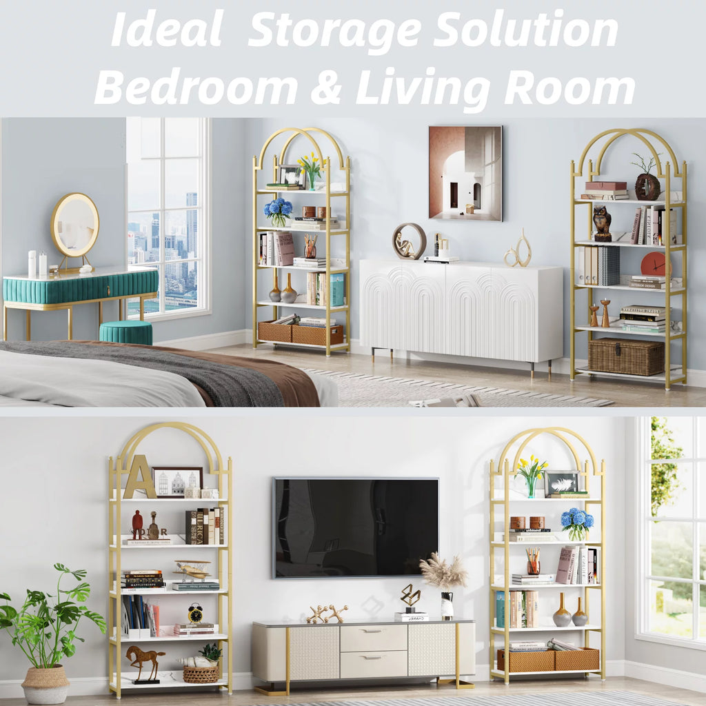 72.4 inch Tall Gold Metal 5 Shelf Arched Bookcase V4210