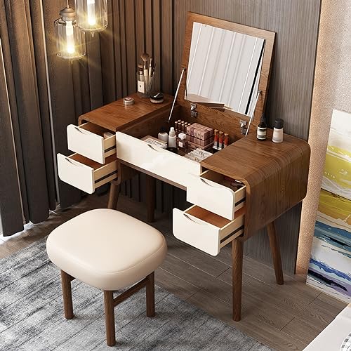 Flip Top Vanity Table with Stool and Mirror N442