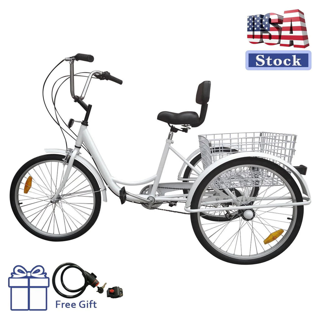 7-Speed 24 Adult 3-Wheel Tricycle with Basket White W997