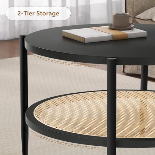 Black Set of 2 Round 2-Tier Side Table with Rattan Storage Y3850