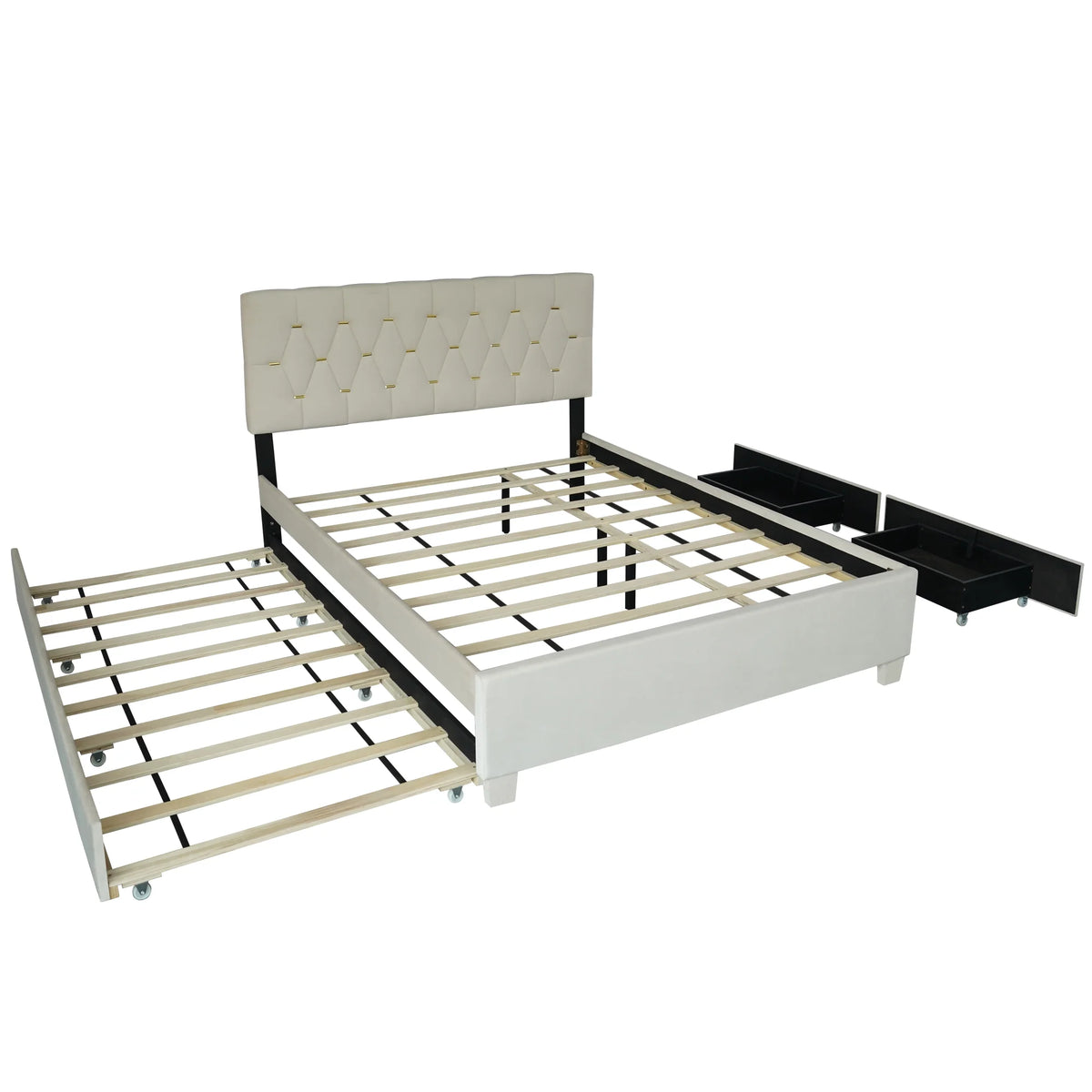 Queen Upholstered Platform Bed Frame with Trundle and 2 Storage Drawers D656356