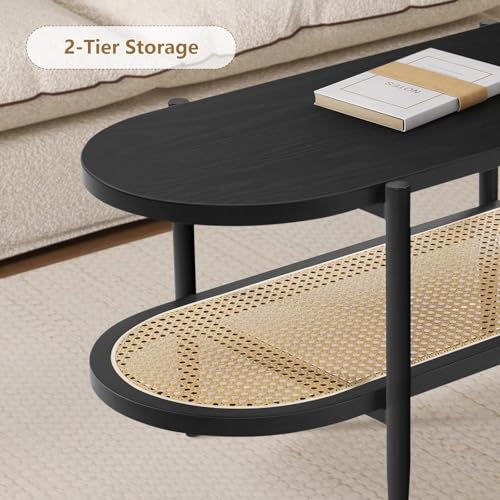 Black Set of 2 Round 2-Tier Side Table with Rattan Storage Y3850