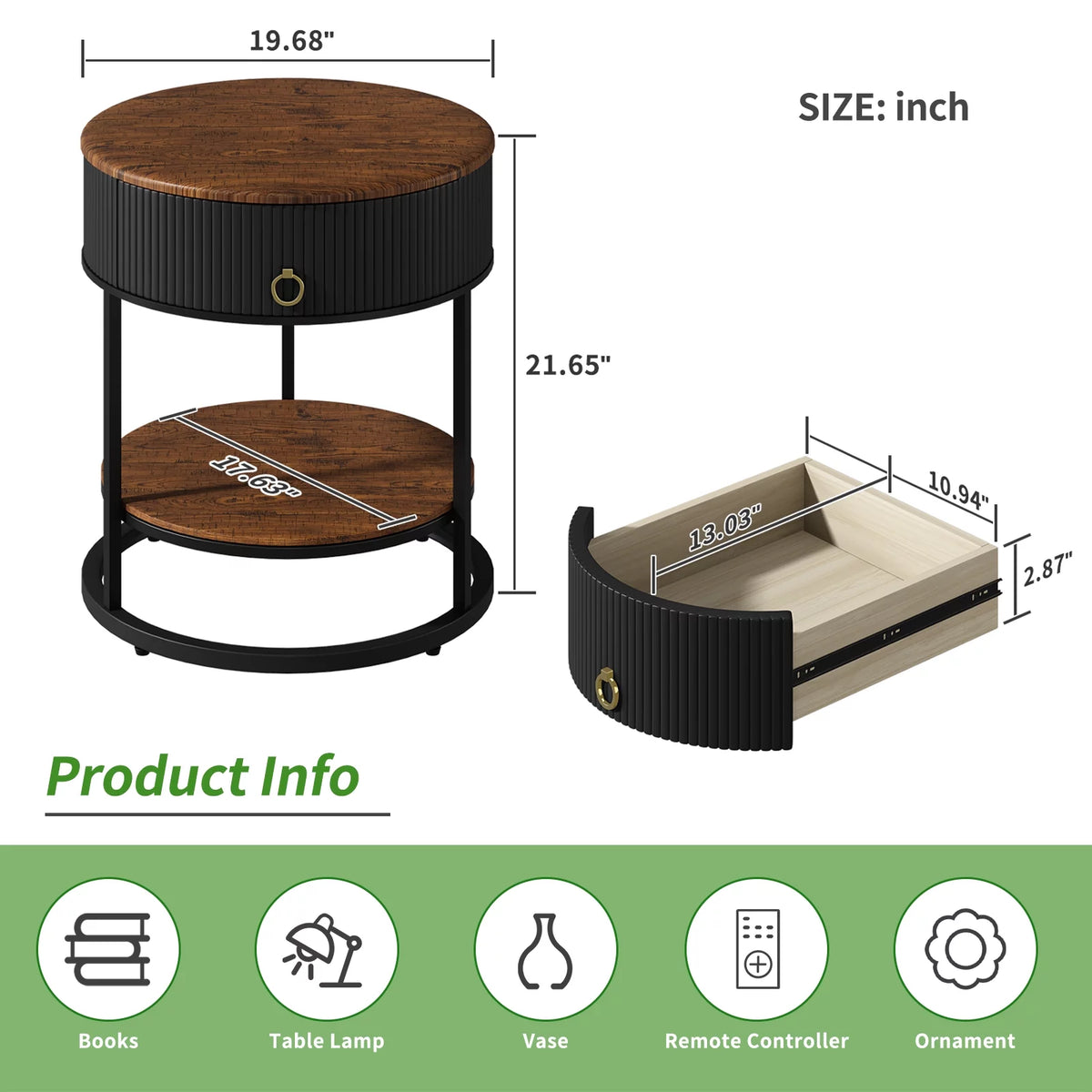Black Metal 2-Tier Round End Table with Drawer B53579