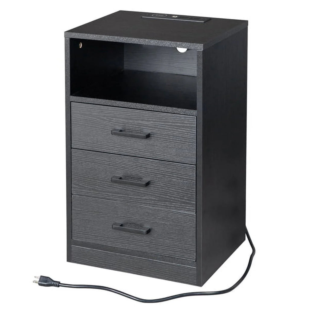 Black Nightstand with Charging Station and 3 Drawers H4749