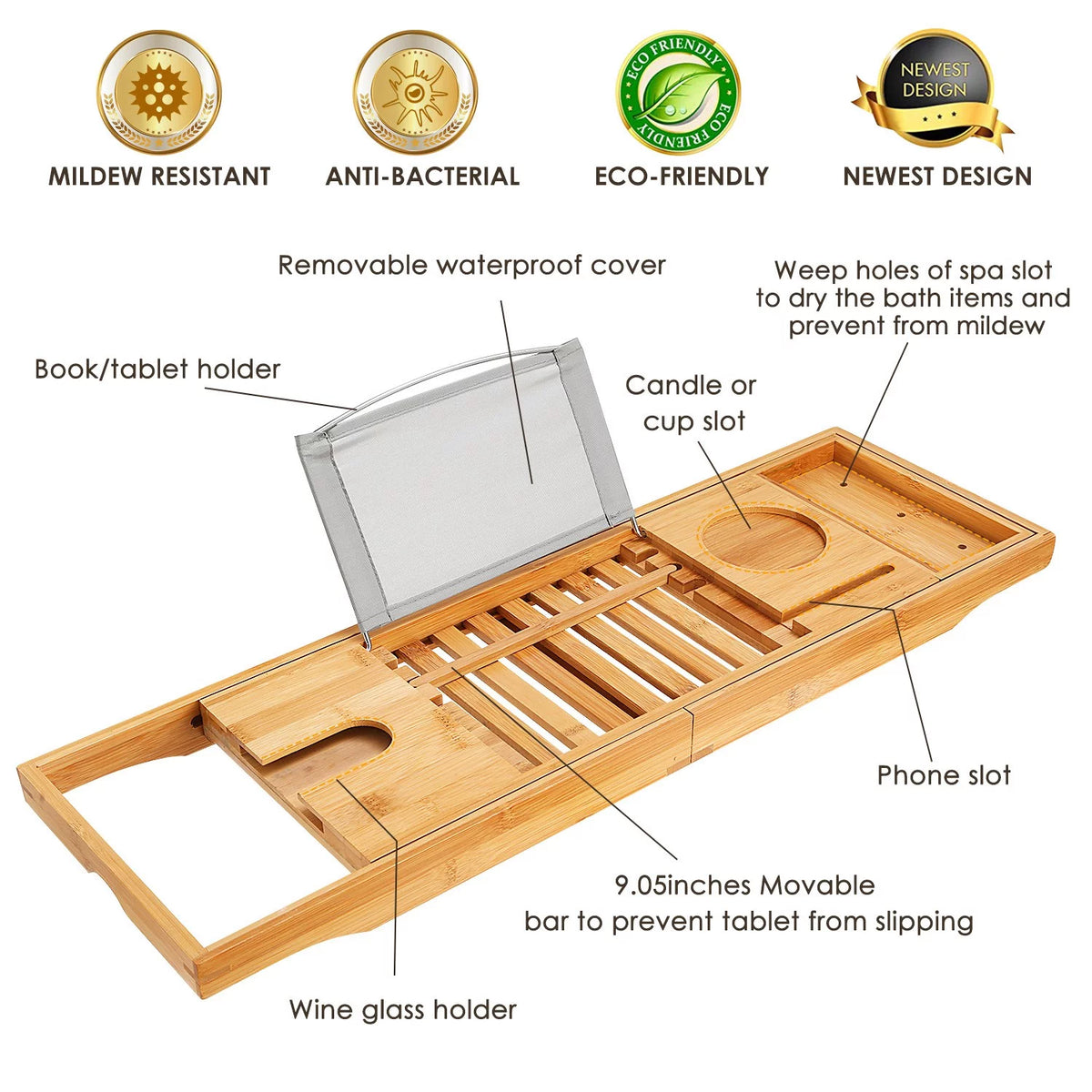 Bamboo Bathtub Caddy Tray with Expandable Sides Z79654