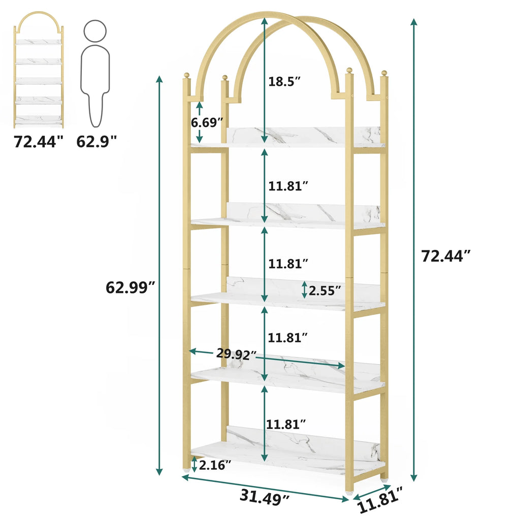 72.4 inch Tall Gold Metal 5 Shelf Arched Bookcase V4210