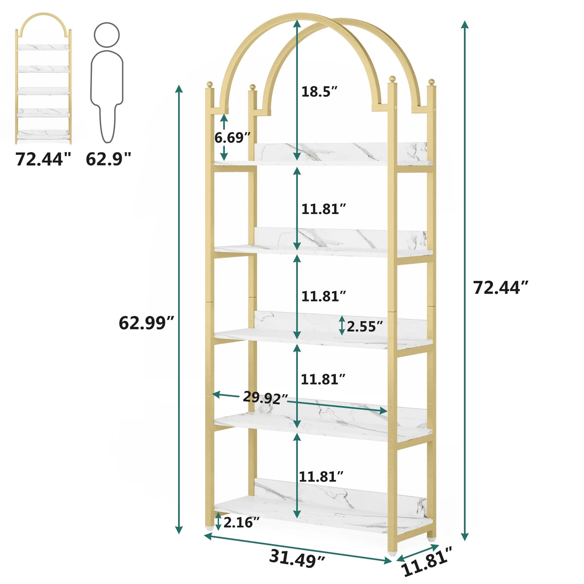 72.4 inch Tall Gold Metal 5 Shelf Arched Bookcase V4210