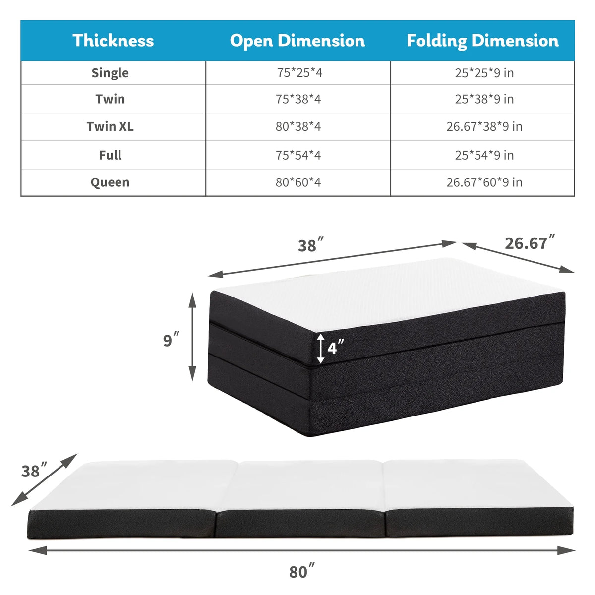 4 Inch Tri Folding Memory Foam Mattress Queen C90016