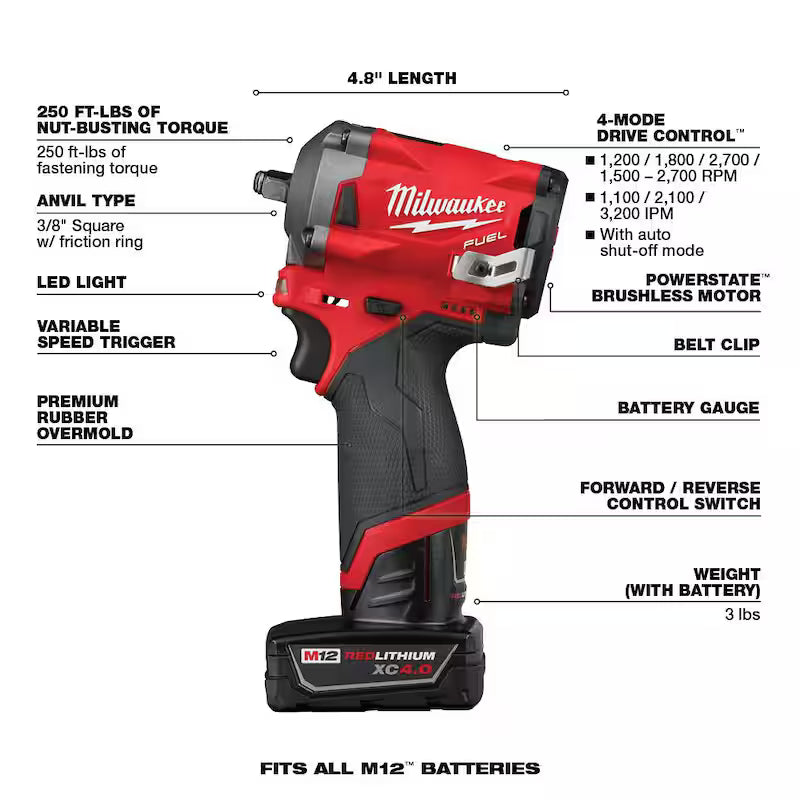 12V Lithium-Ion Brushless Cordless 3/8 in. Impact Wrench Kit with Ratchet O564359