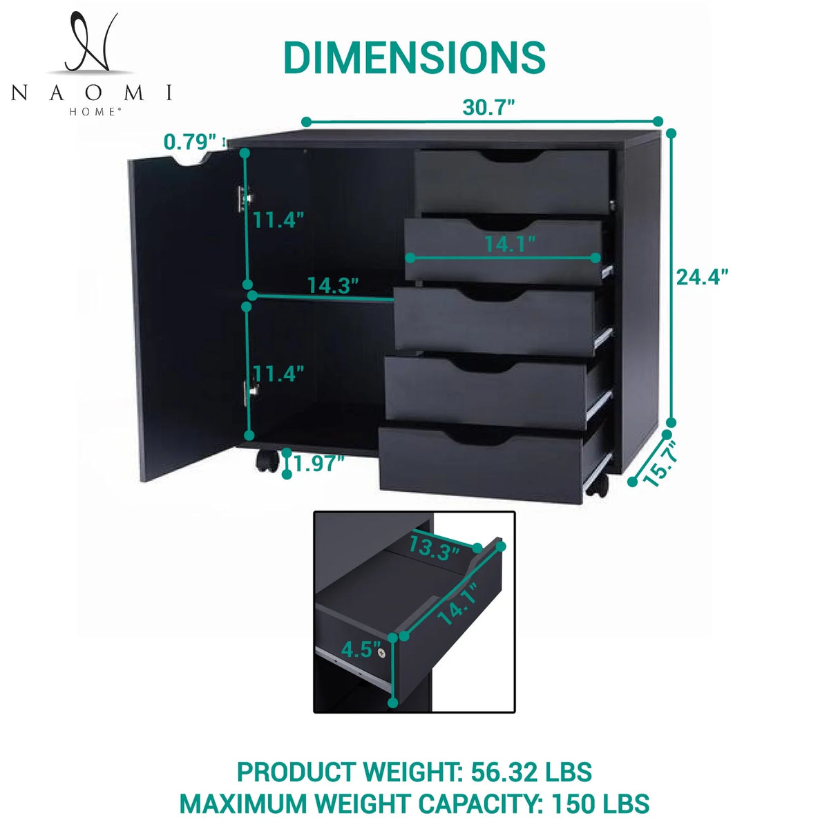 Black 5 Drawer File Cabinet with Wheels A535