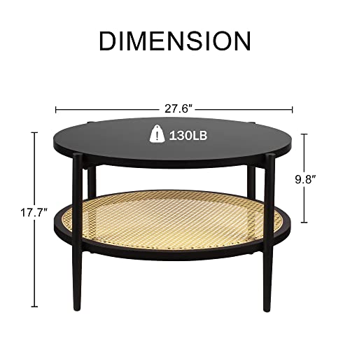 Black Set of 2 Round 2-Tier Side Table with Rattan Storage Y3850