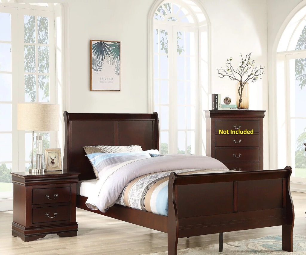 Twin Size Panel Bed and 2 Nightstands Cherry Brown Wooden Bedroom Set U265365