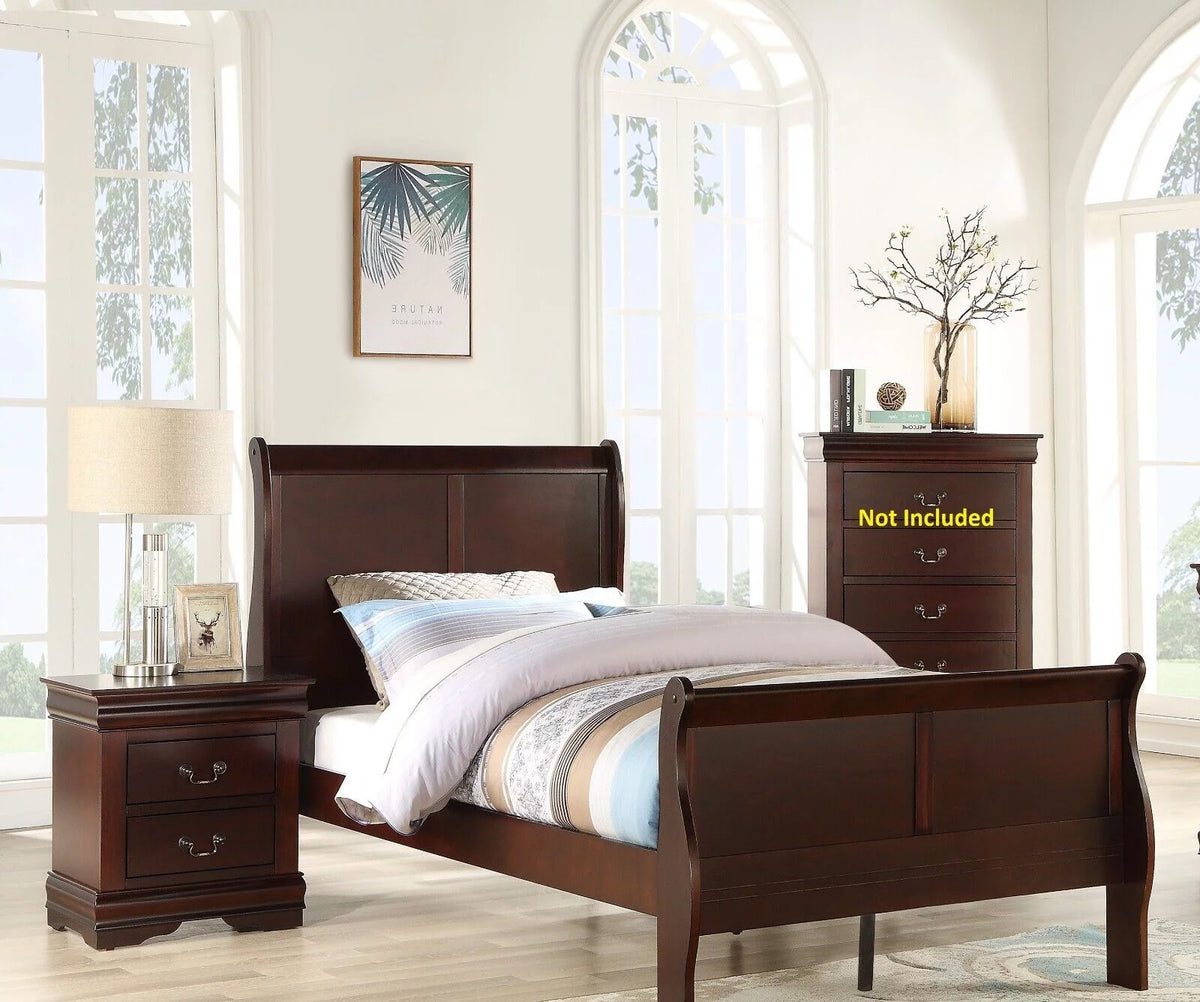 Twin Size Panel Bed and 2 Nightstands Cherry Brown Wooden Bedroom Set U265365